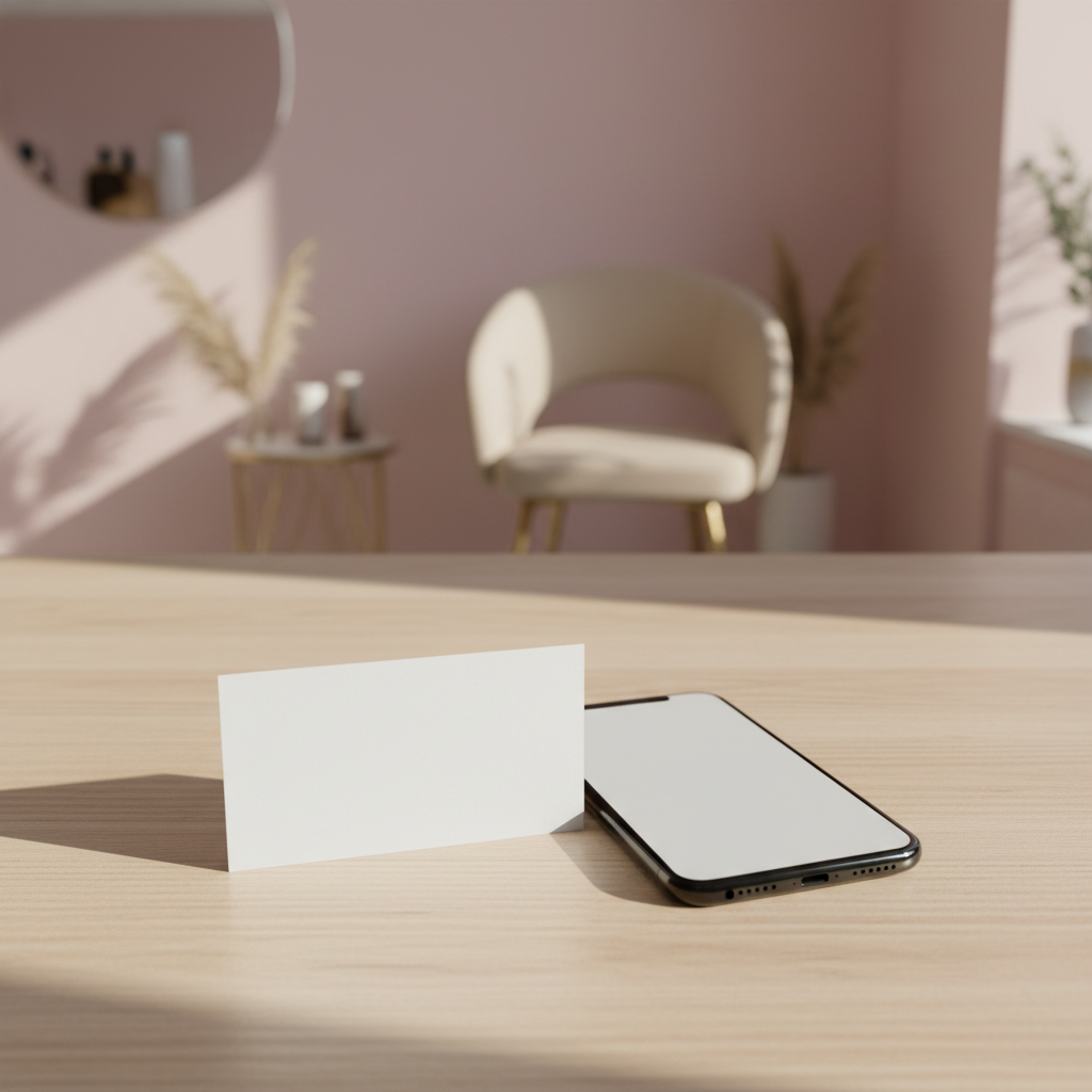 Minimalista, fotorealisztikus kapcsolati szekció kép egy „Vénusz szépségszalon” weboldalhoz. A fő téma egy elegáns, világos fa felületre fektetett, üres, fehér kartonból készült névjegykártya és mellette egy modern, üveg okostelefon kijelzője, mindkettő tisztán hagyott felülettel, hogy később digitálisan elhelyezhető legyen a szalon neve, címe, telefonszáma és online elérhetősége. A háttérben finoman elmosódva látszik egy ízléses szentendrei szalonrészlet halvány rózsaszín árnyalatokkal. Lágy, oldalirányú nappali fény finom árnyékokat vet, nyugodt, bizalomkeltő hangulatot teremtve. A kompozíció felülnézeti, tág kivágással, sok üres hellyel a design számára.